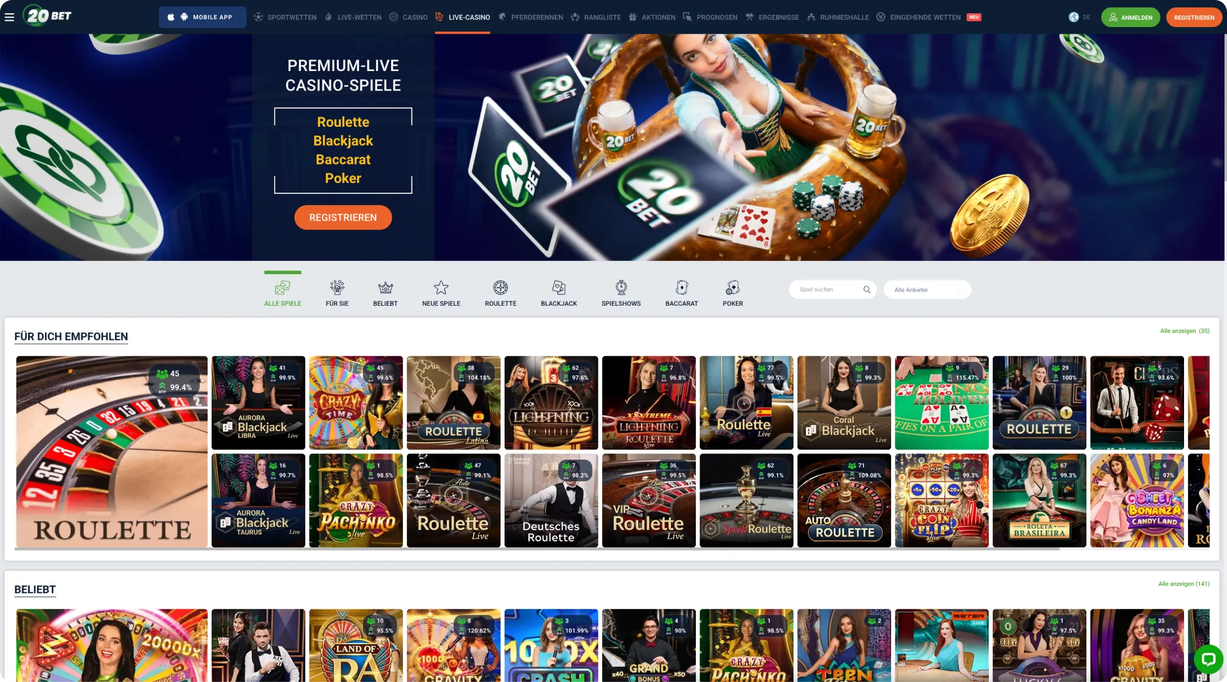 20Bet Live-Tischspiele